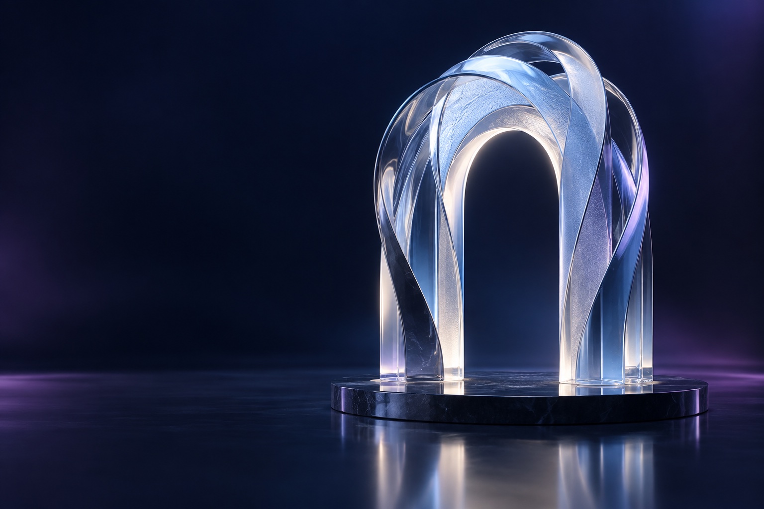 An illuminated architectural arch formed from clear and ice-blue glass ribbons