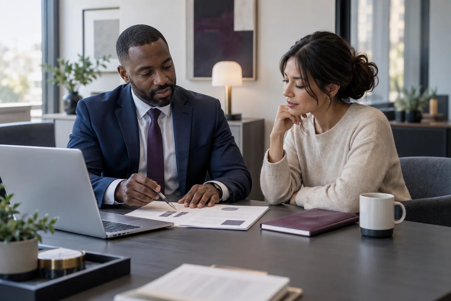 Illustrative financial advisor and business client reviewing plans together