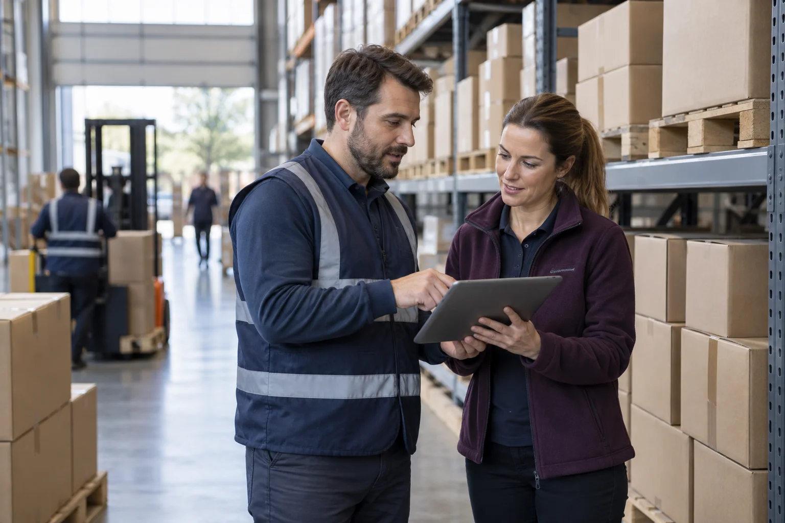 Illustrative distribution colleagues reviewing a tablet beside organized cartons