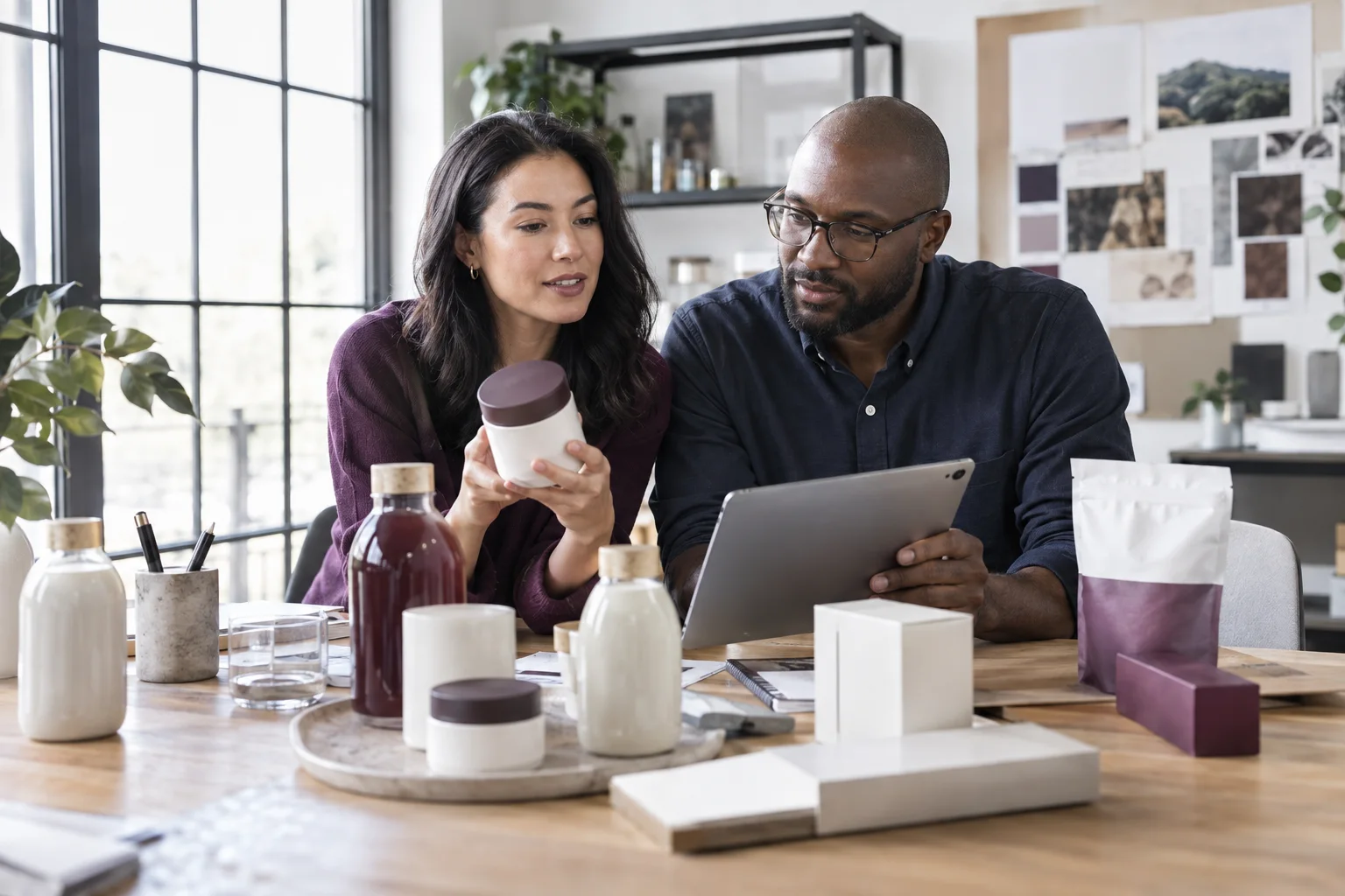 Illustrative consumer goods team reviewing packaged product samples and a tablet