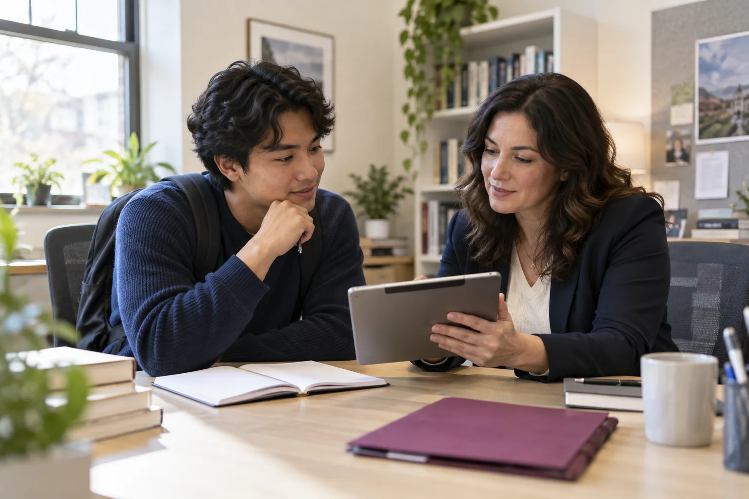 Illustrative university advisor and adult student reviewing information together