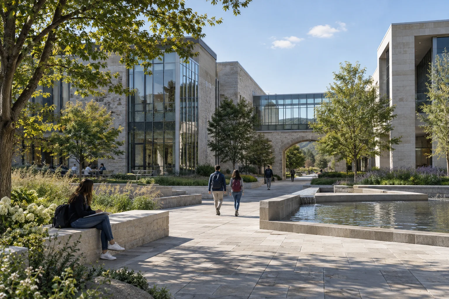Illustrative university courtyard with adult students walking between campus buildings