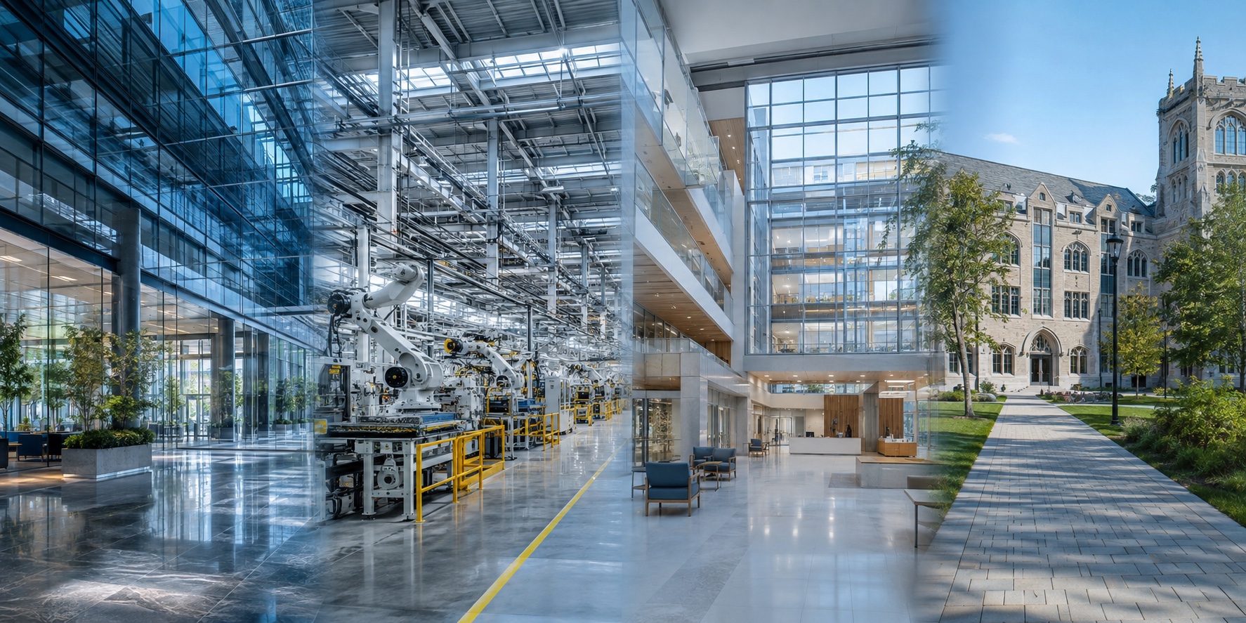 Architectural composition of financial services, manufacturing, healthcare and a university campus