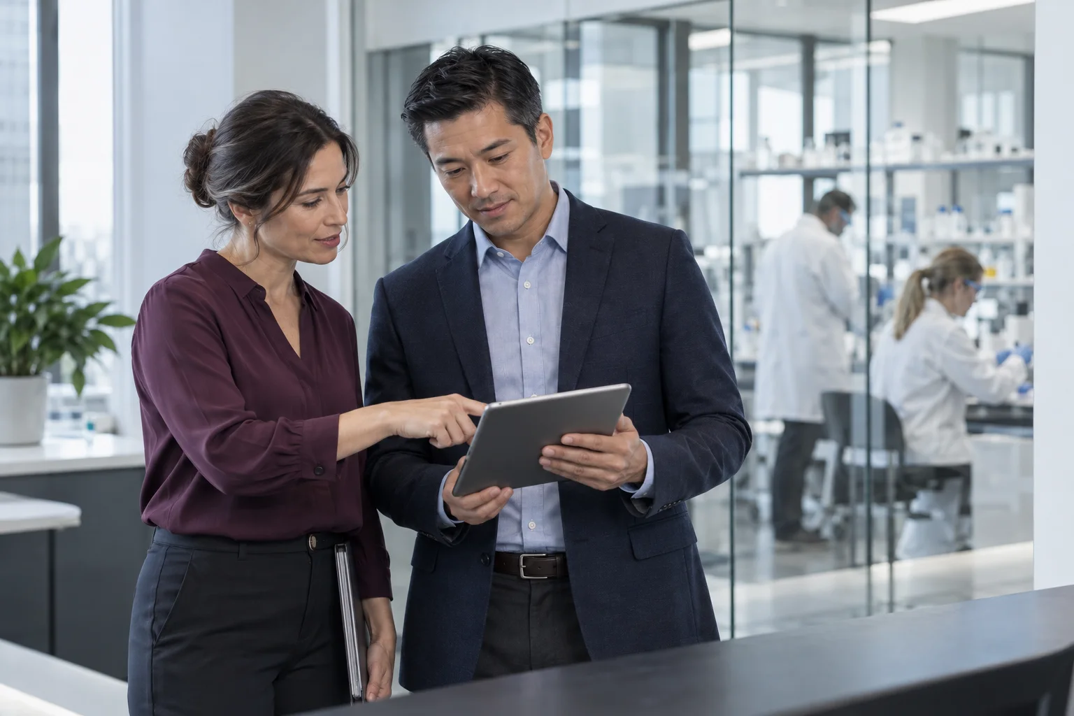 Illustrative life sciences operations colleagues reviewing a tablet near a laboratory workspace