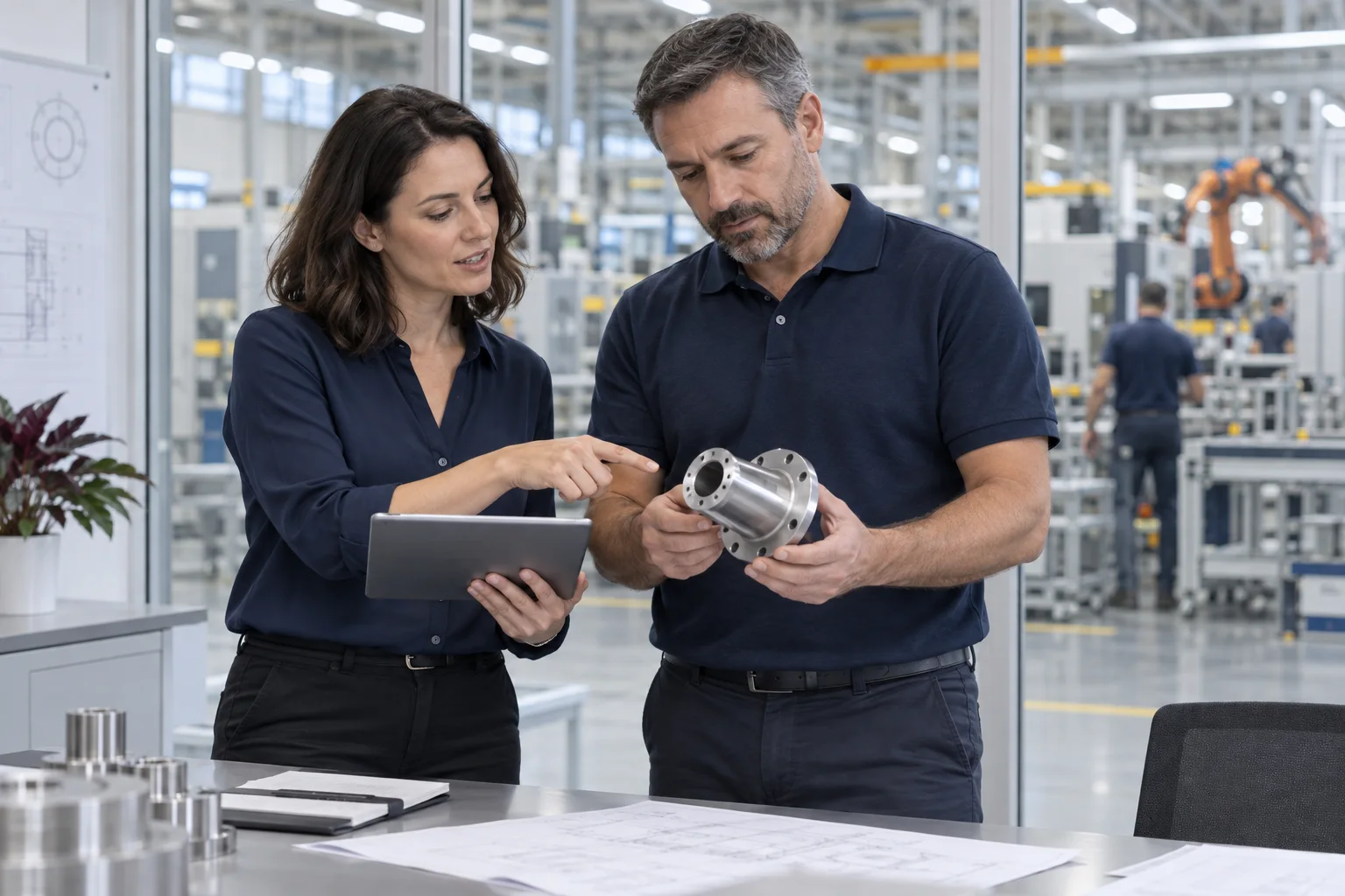 Illustrative commercial and manufacturing operations colleagues reviewing a component and tablet