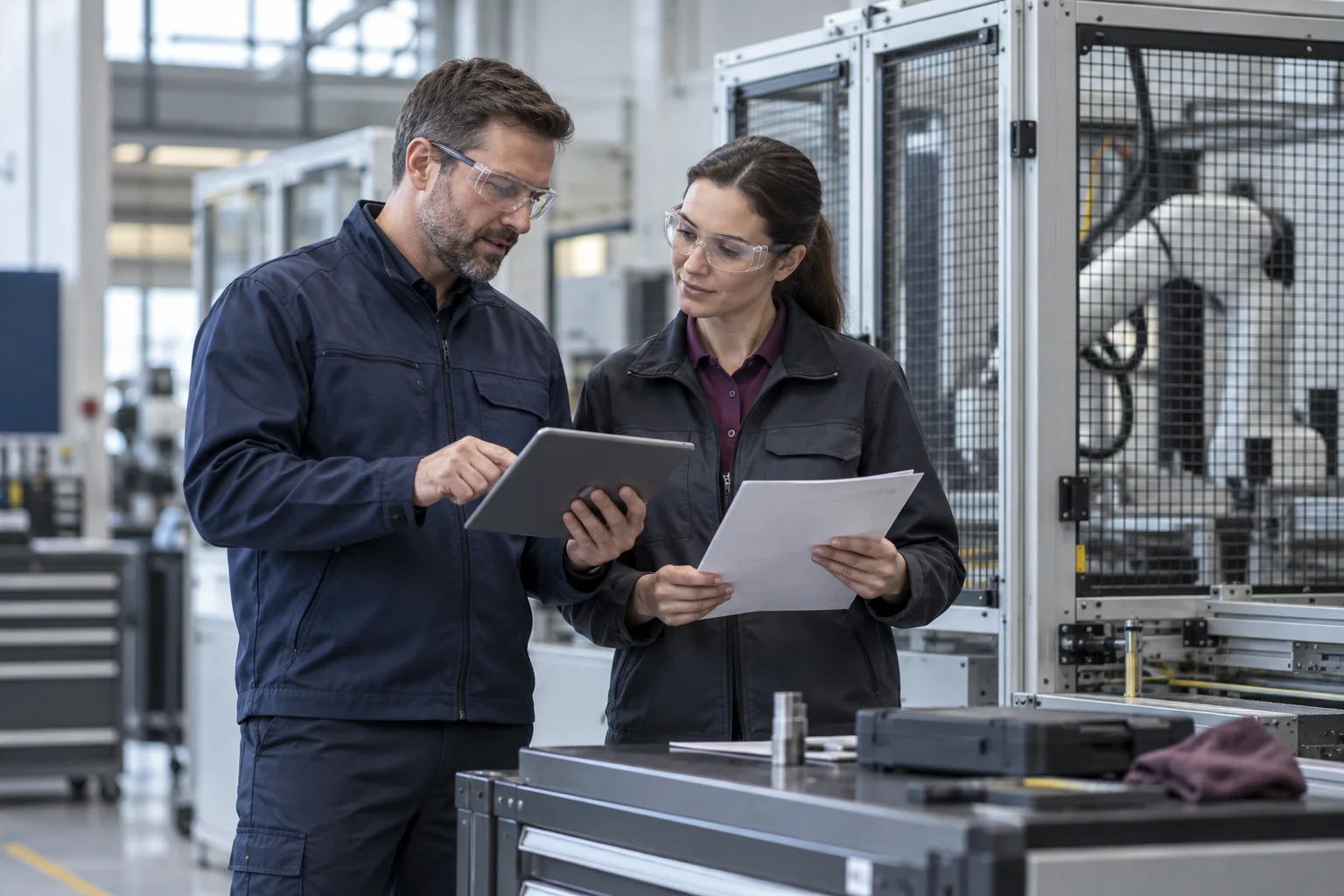 Illustrative manufacturing service colleagues reviewing a tablet beside guarded equipment
