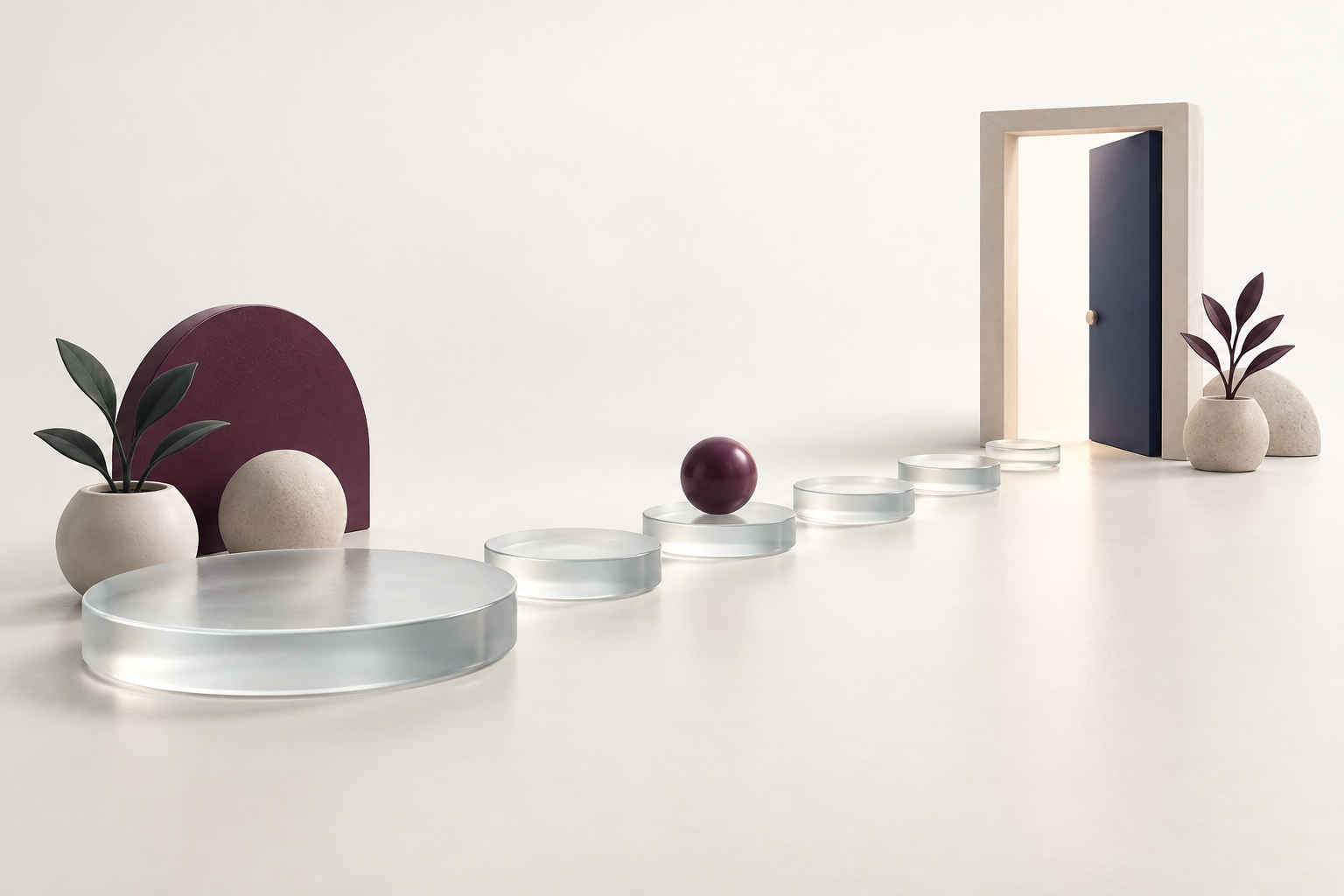 Conceptual stepped path guiding one sphere toward an open doorway, illustrating nurture and handoff