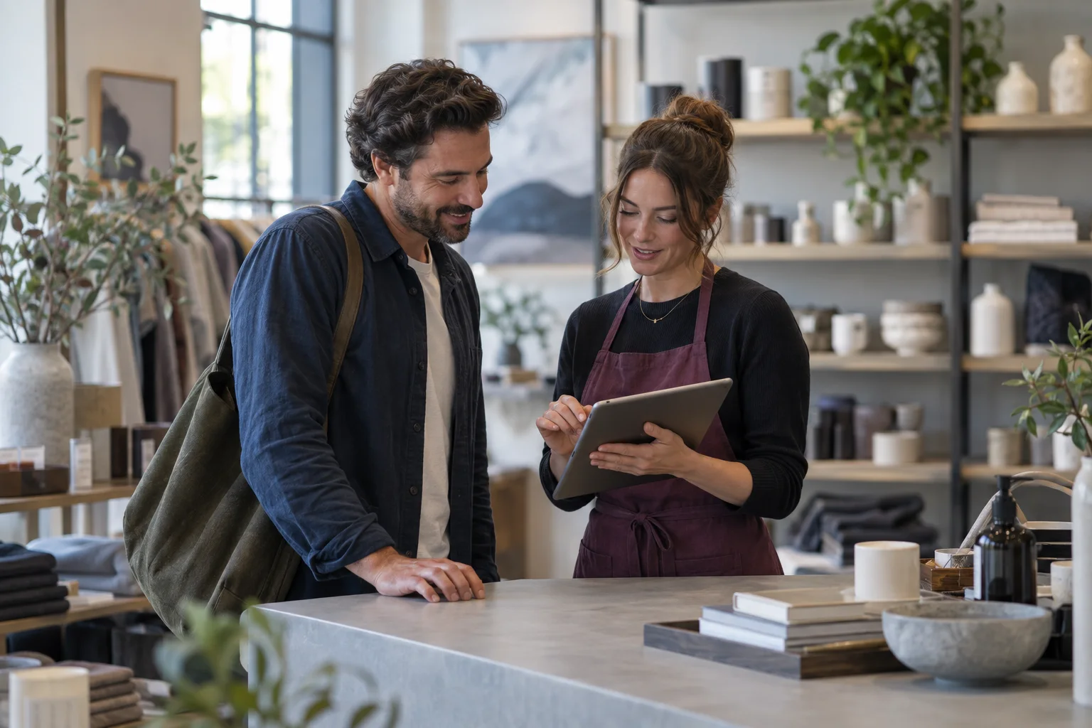 Illustrative retail associate assisting an adult customer at a store counter with a tablet