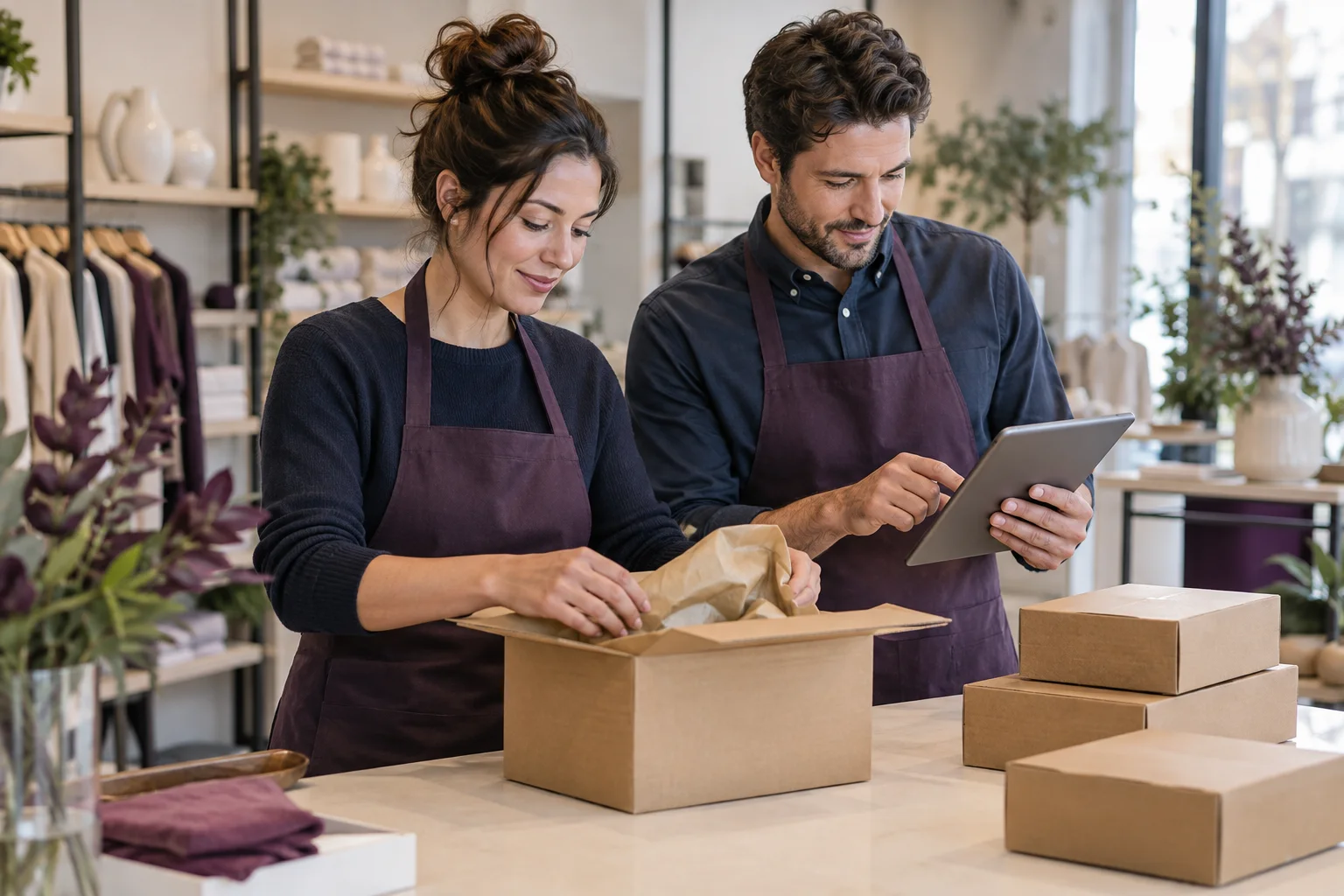 Illustrative retail colleagues coordinating online orders at a store fulfillment counter