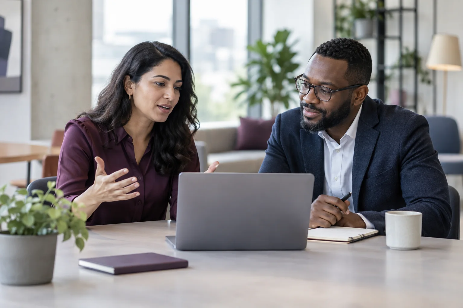 Illustrative software account and customer success colleagues discussing a laptop and notes