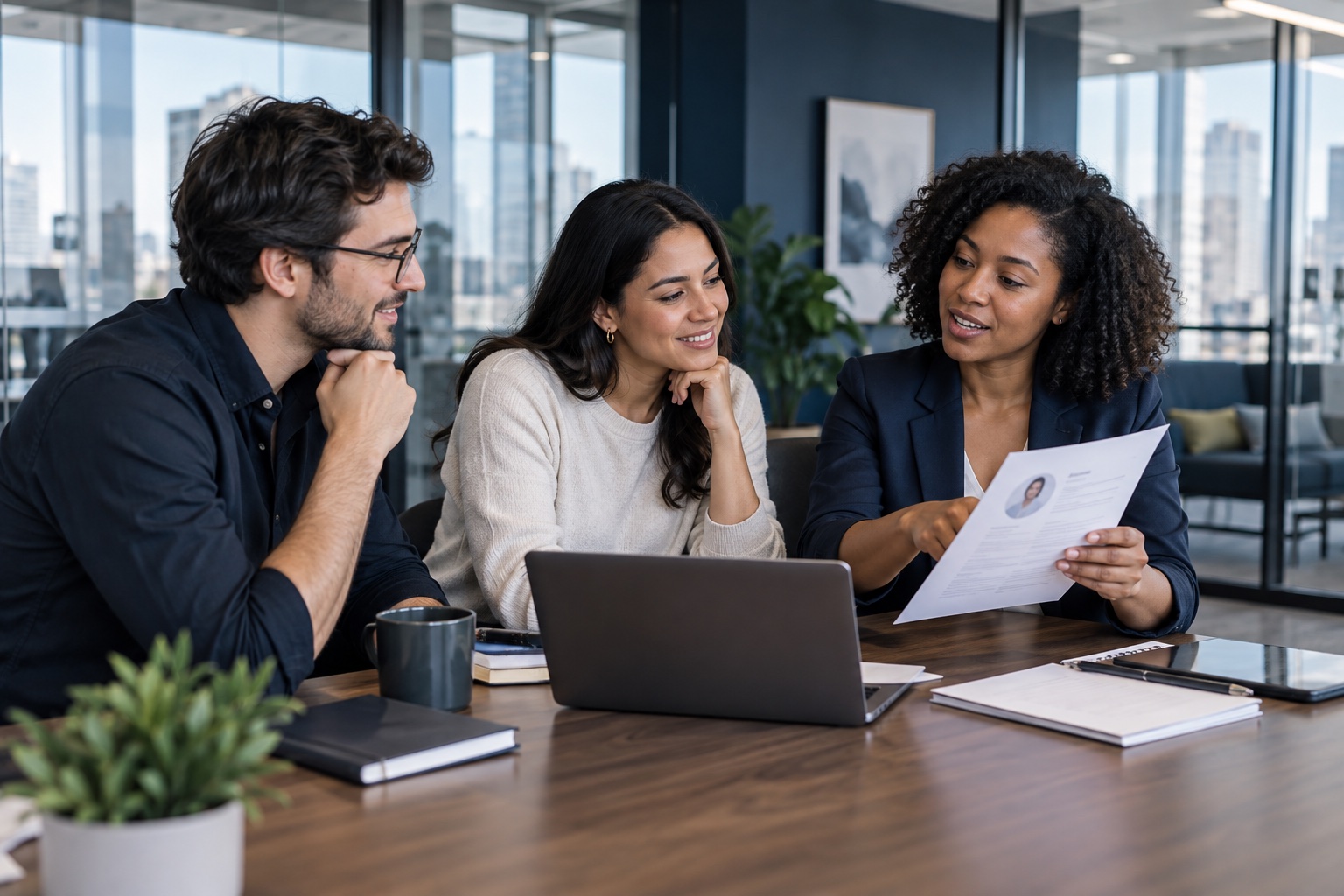 Three professionals reviewing a candidate profile together in a bright office
